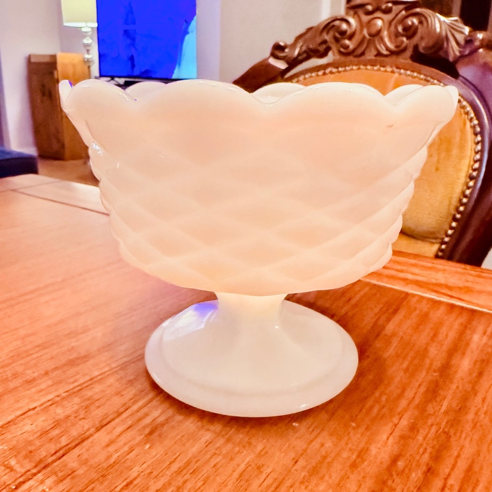 Vintage Milk Glass Pedestal Bowl Quilted Diamond, Scalloped Top Edge